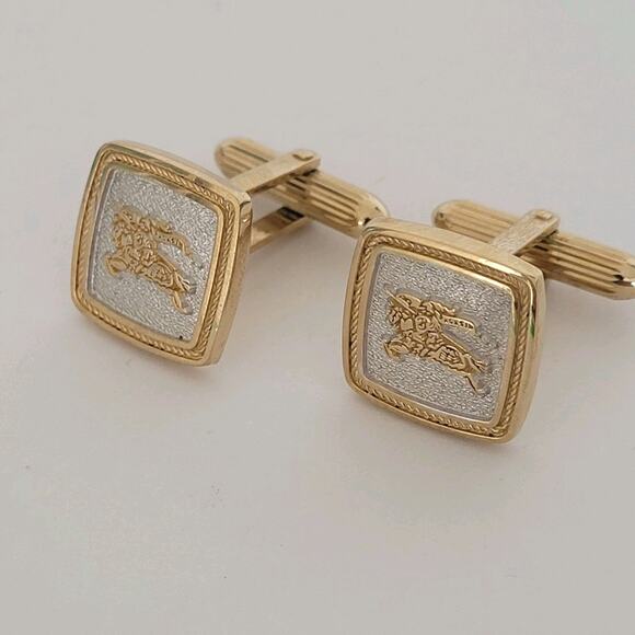 Burberry Cufflinks Set Gold Silver Tone Logo Vintage Square Hallmark Retro - Picture 2 of 7